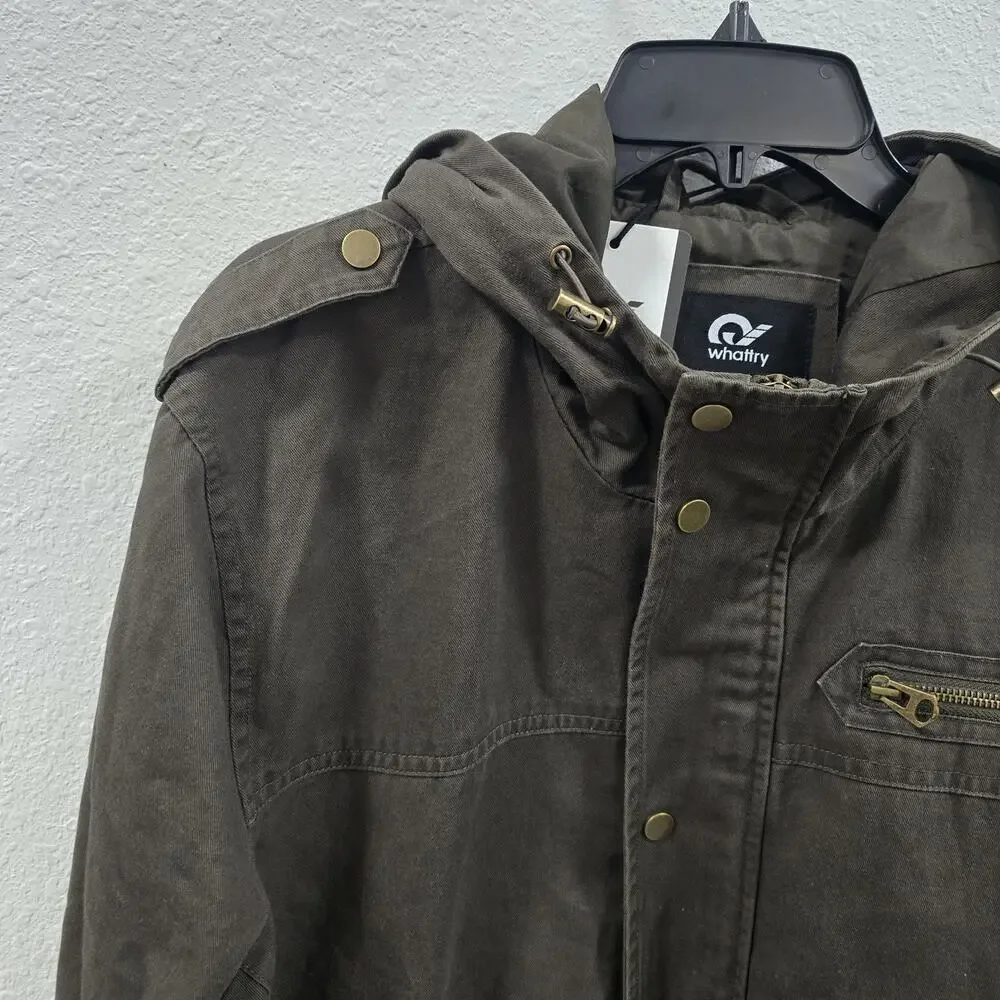 Whattry Men’s Utility Jacket XL Brown Hooded Military Field Coat Cargo Casual